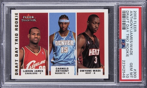 2003-04 Fleer Tradition "Draft Day Trio Rookie" #300 LeBron James/Carmelo Anthony/Dwyane Wade Rookie Card (#304/375) – PSA GEM MT 10